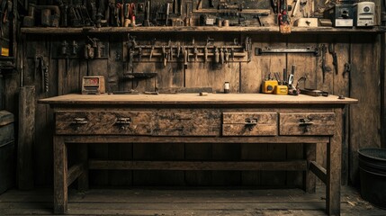 Fototapeta premium Aged Wooden Workbench with Distressed Texture, Perfect as Background or Wallpaper for Rustic Settings