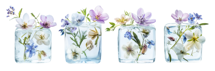 Delicate flowers encased in clear ice cubes, showcasing colors and natural beauty.