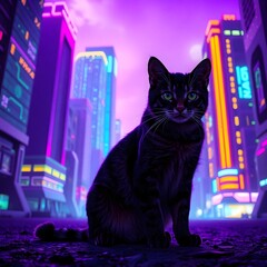 cat in the purple night in front of tall buildings