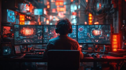 Futuristic cyberpunk gaming setup with neon lights and multiple monitors, ideal for tech enthusiasts and gamers.