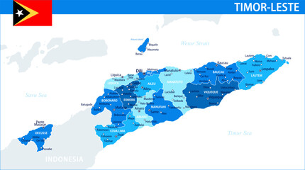 Obraz premium Timor-Leste East Timor Map Vector Blue Spot - Customizable layered political map of Timor-Leste with administrative divisions for website, education, reports, news, politics, print, poster