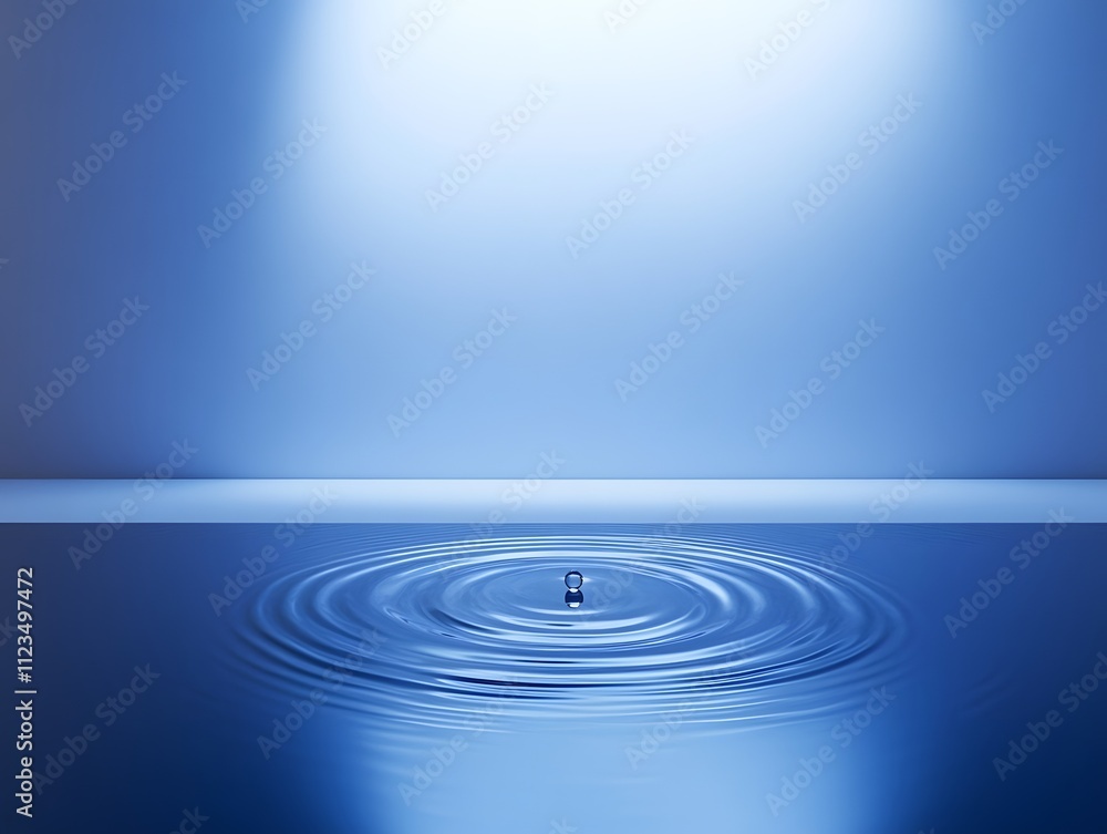 Poster tranquil water droplet creating ripples in still blue surface illuminated by soft light, ideal for m
