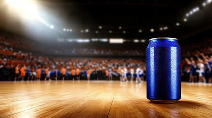 A blue beer can sits on a wooden floor, illuminated by a spotlight, as a crowded basketball stadium buzzes with excitement from cheering players and fans dressed in orange and black