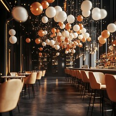 Elegant bar interior with balloons, lighting, and seating.