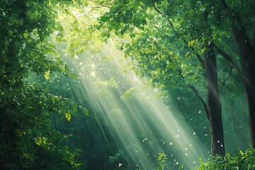 Sunlight Beams Through Lush Green Forest Canopy with Falling Petals