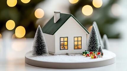 Lovely 3D render of a Christmas house adorned with colorful lights and decorations, nestled among snow-covered trees and surrounded by children's toys, creating a warm holiday atmosphere