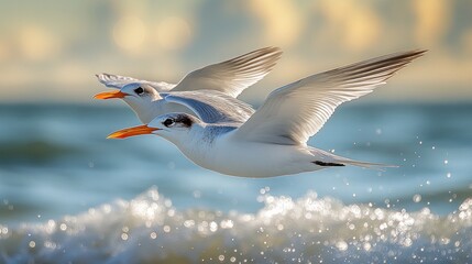 Obraz premium Two birds flying over ocean waves at sunset