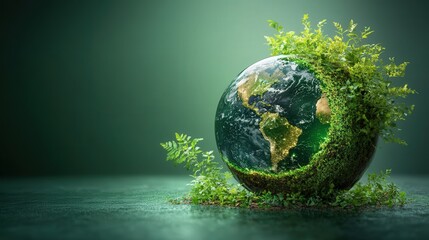 Fototapeta premium A globe surrounded by lush greenery, symbolizing environmental sustainability and nature.