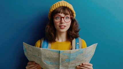 Fototapeta premium Cheerful Young European Guide with Map Pointing Directions to Adventurous Travelers Against a Bright Blue Background