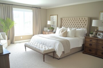 Fototapeta premium Embrace tranquility in a cozy bedroom with soft neutral walls and a touch of nature
