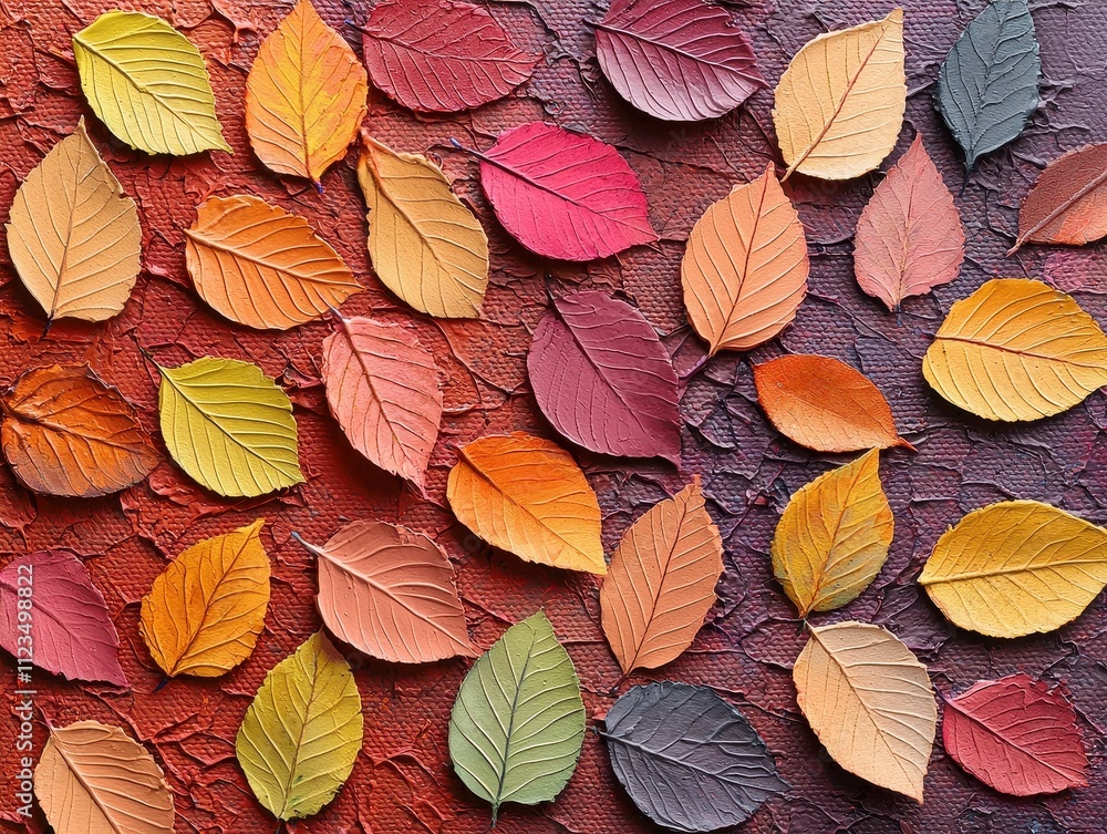 Poster a vibrant array of colorful autumn leaves scattered on a textured background, showcasing various sha