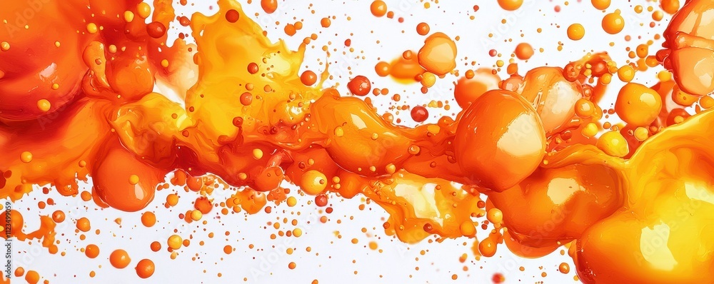 Aufkleber a vibrant splash of orange liquid with bubbles and droplets on a white background, creating a dynami