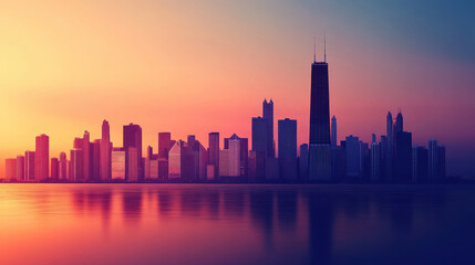 Obraz premium Panoramic View of Chicago Skyline at Sunset with Reflections on Water, Emphasizing Modern Architecture and Vibrant Colors in the Evening Sky
