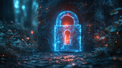 Glowing blue padlock icon for digital protection, ideal for illustrating cybersecurity and online security in IT systems.