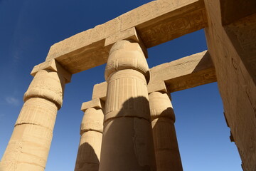 Ramesseum temple, Luxor, Egypt, Africa. The column ruins and hieroglyphs of Rameses II.