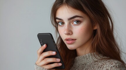 Fototapeta premium A Young Woman with Freckles Using Her Smartphone