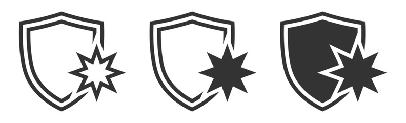 Broken shield icons with starburst, three styles, clean vector graphic.