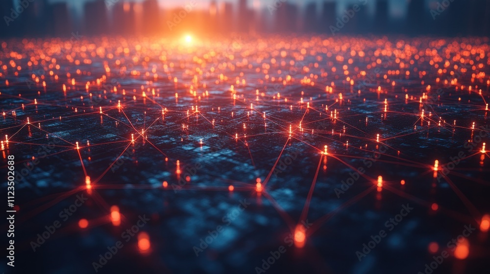 Poster digital network visualization with glowing connections