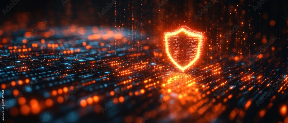 Poster digital shield symbolizing cybersecurity and data protection