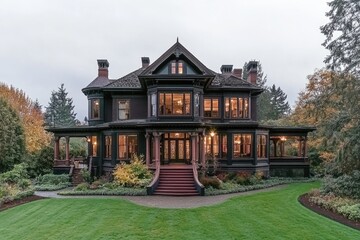 Fototapeta premium Elegant Victorian Brown Home in Stayton, Oregon Surrounded by Autumn Foliage