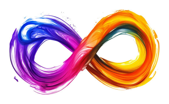 Colorful infinity symbol with vibrant brush strokes of blue, purple, pink, and orange on transparent background. Artistic expression and creativity concept