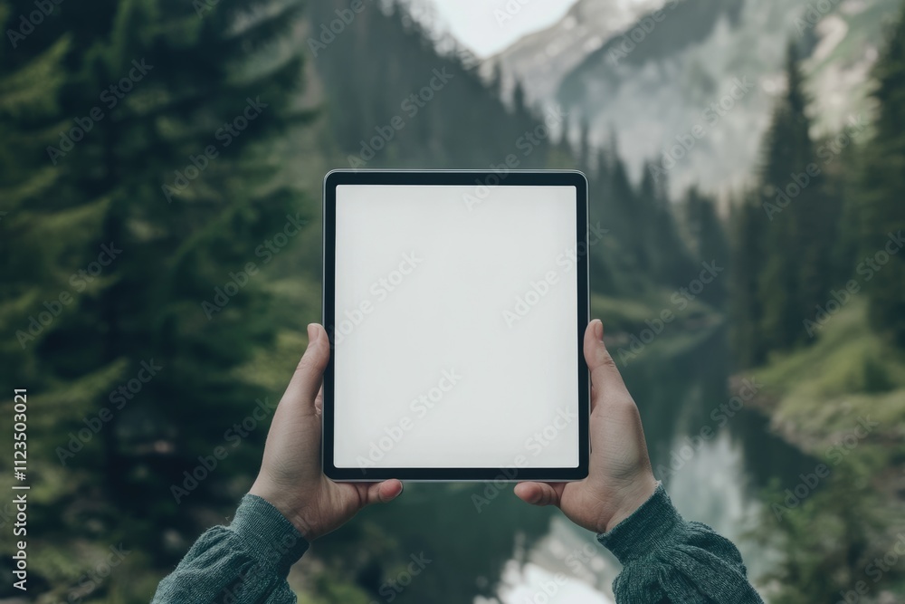 Poster touchscreen tablet held in hands. isolated digital device for communication with blank display