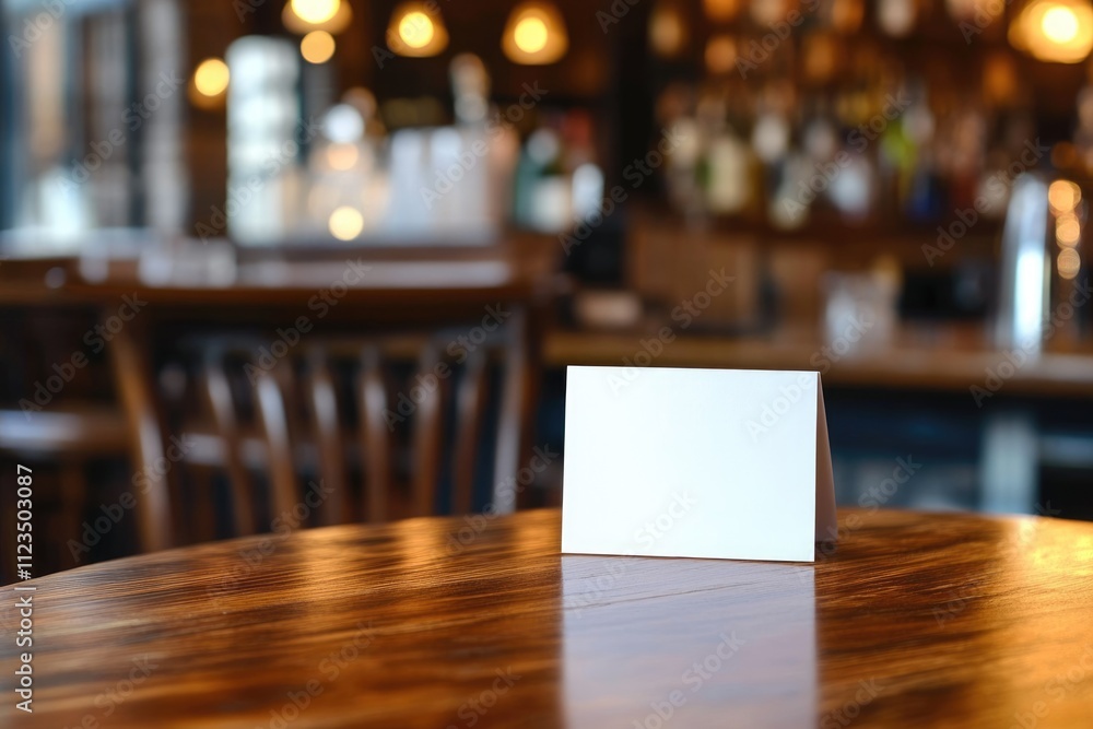 Poster simple blank paper table card on rustic wooden surface with bar background
