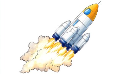 Cartoon Space Ship Rocket Launching into Orbit