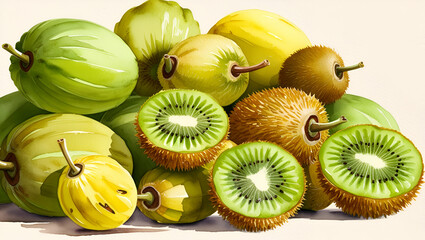 A detailed watercolor painting of fresh kiwi fruits in a pile, featuring their unique brown exterior and vivid green cross-section, inspired by tropical themes.