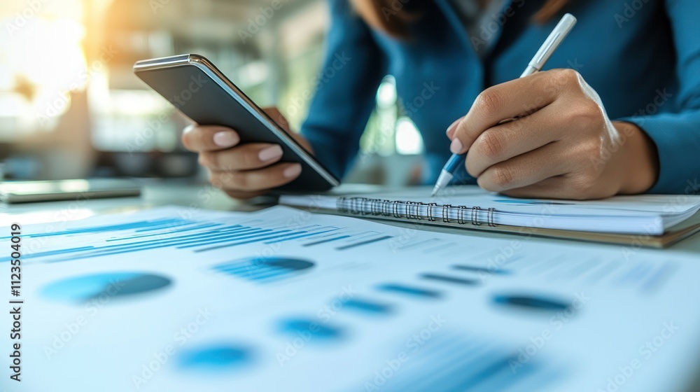 Poster a person taking notes while reviewing financial data on a smartphone.