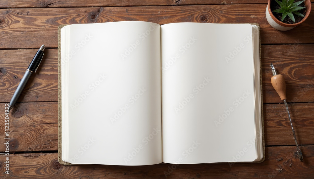 Poster open mockup notebook with empty pages on a rustic wooden table, surrounded by writing tools and a sm