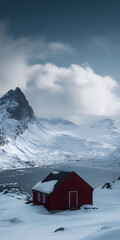 Cottage em uma paisagem coberta de neve