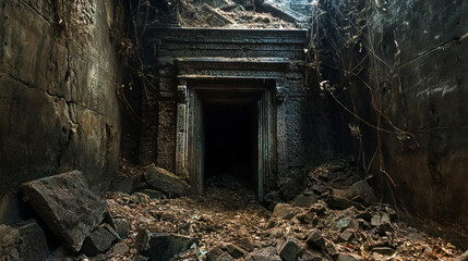 A forgotten temple hidden under layers of ash, its entrance barely visible through the debris.