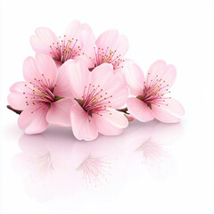 Fototapeta premium Soft pink cherry blossoms with delicate petals and reflections, isolated design on white background 