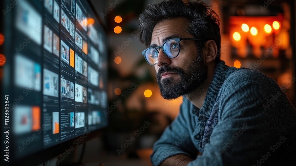 Poster man focused on computer screen in workspace