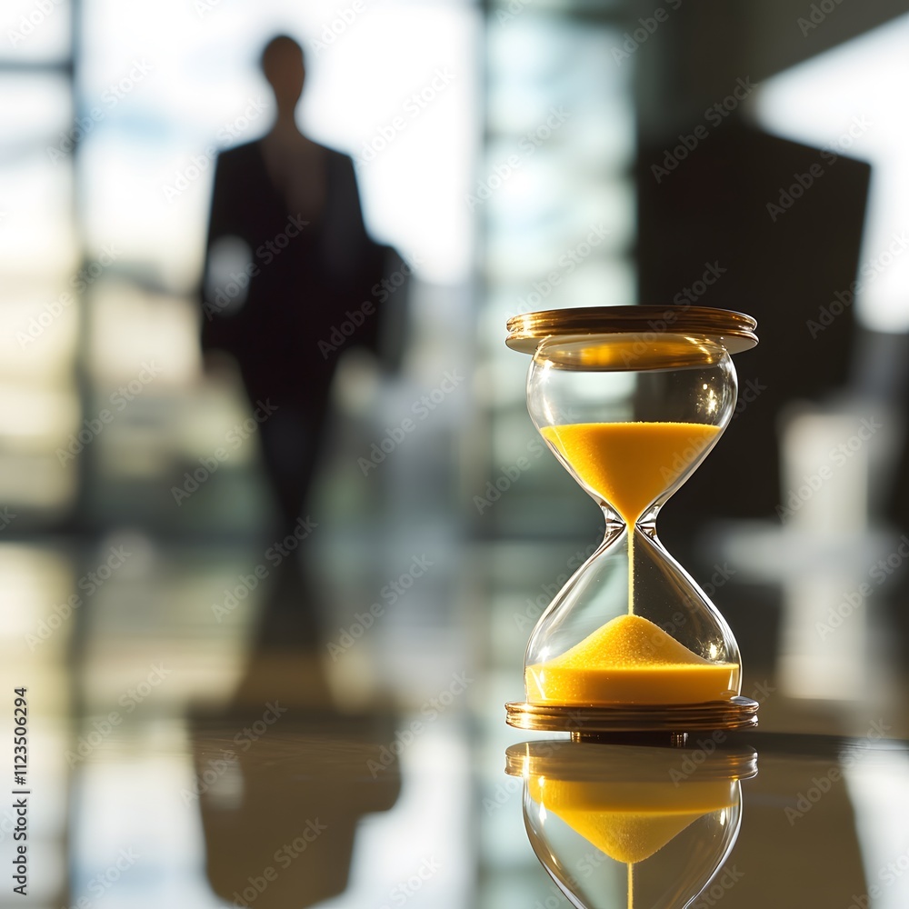 Poster businessman silhouette with blurred background and hourglass displaying the passage of time in a mod