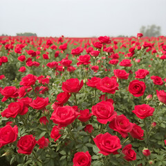 Naklejka premium Un divino campo lleno de rosas rojas, muy hermoso