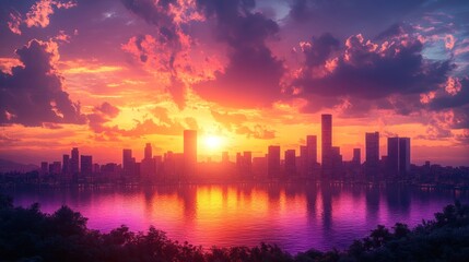 Naklejka premium Vibrant sunset over a city skyline reflecting in water.