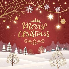 Merry Christmas card with golden typing on red color background with golden snow and ribbons