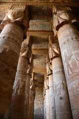 Hathor Temple, Dendara, Qena, Egypt, Africa. Ornately decorated ceiling and columns of Horus' mothers temple.
