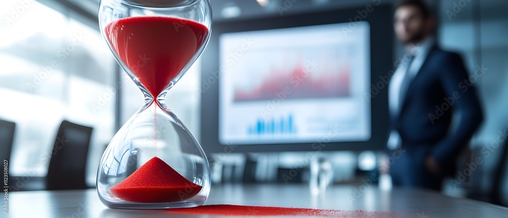 Poster hourglass with red sand in a modern office setting, symbolizing time management and the importance o