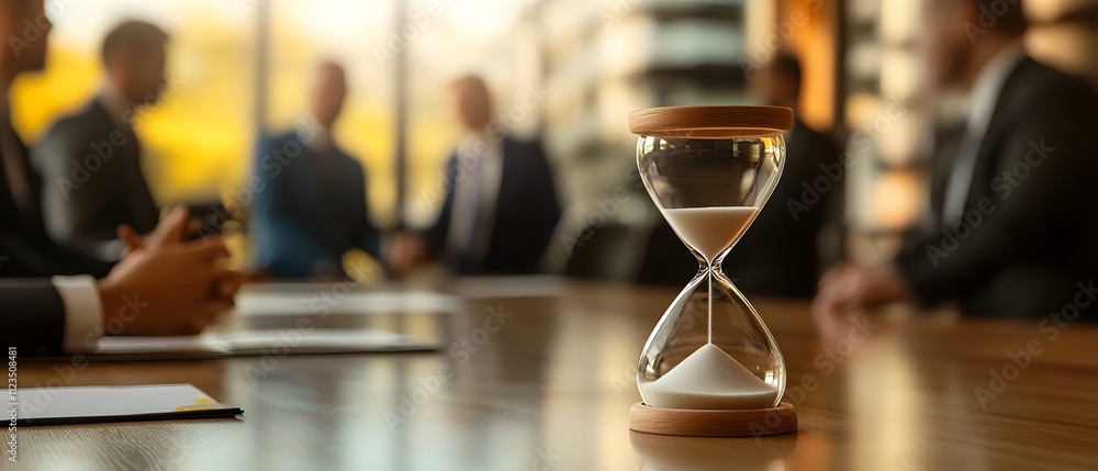 Poster business decision under pressure with hourglass symbolizing time management and urgency in modern of
