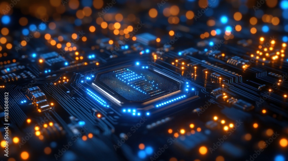 Poster closeup of a glowing microchip on a circuit board