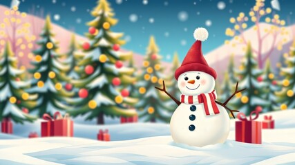 Fototapeta premium Cute Christmas Landscape Snowman Card - Merry Christmas Illustration