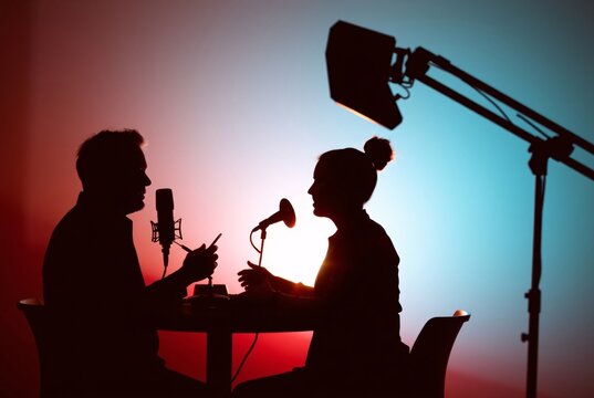 Podcast Interview Silhouette: Captivating silhouette of a male and female podcast host engaged in a compelling interview, set against a dramatic red and blue backdrop.