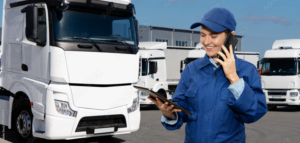 Poster female manager with a digital tablet and smartphone on the background of trucks. fleet management