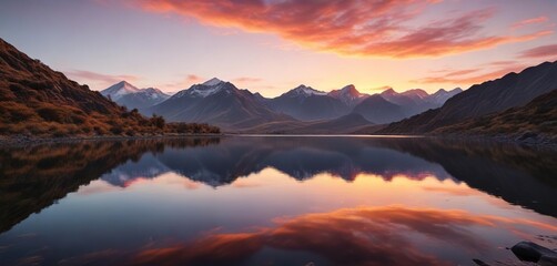 Obraz premium The vibrant colors of a sunset reflected on the calm waters of a lake in the midst of the Andes mountains, reflection, Andes, sunset