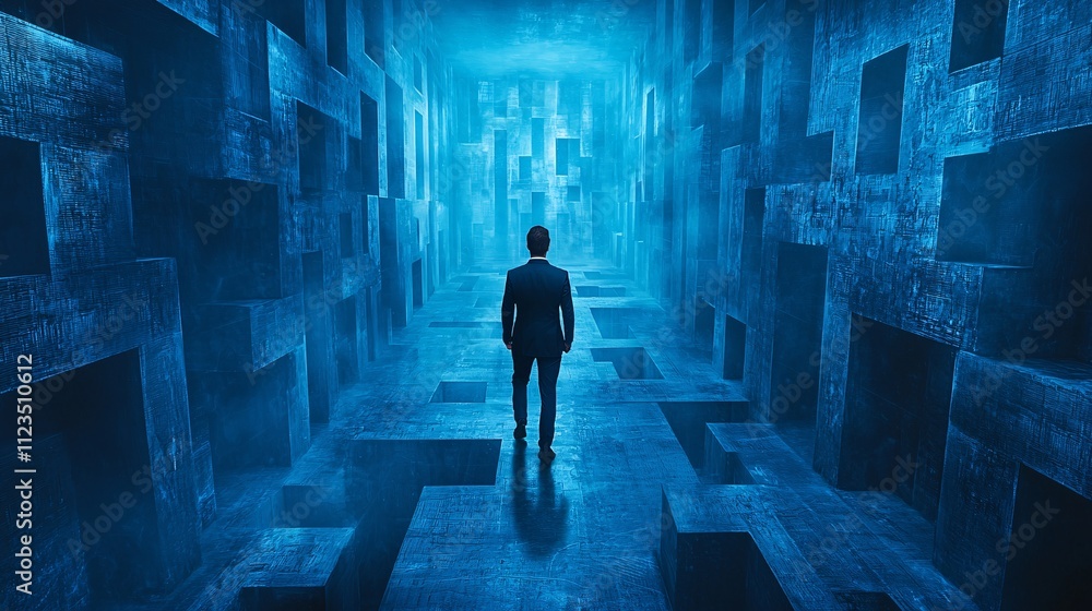 Poster a resilient professional navigating challenges symbolized by a labyrinthine workplace stock photo wi