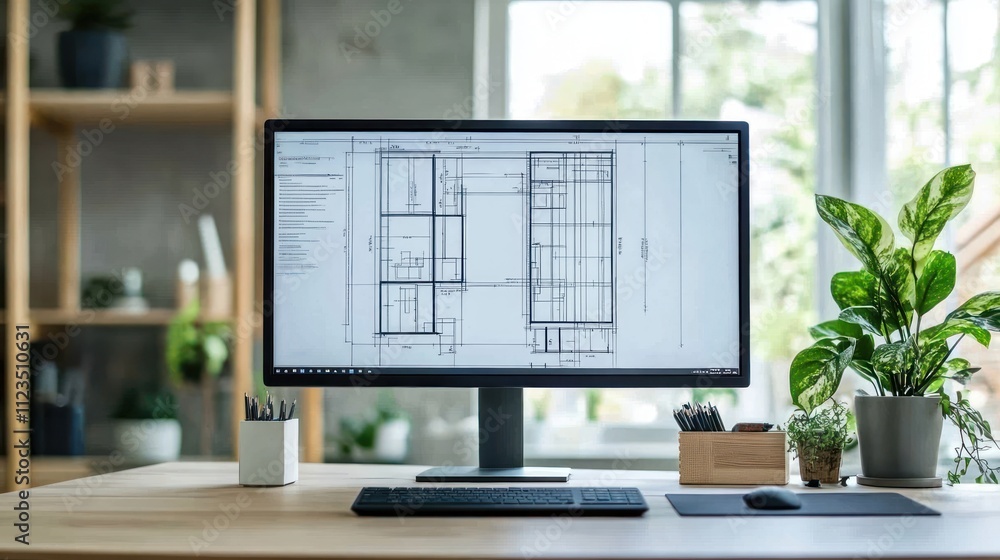 Poster modern workspace with architectural design on monitor