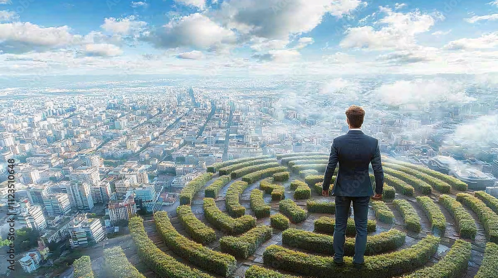 Poster a resilient professional navigating challenges symbolized by a labyrinthine workplace stock photo wi